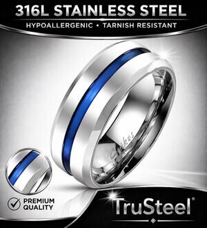 Men’s silver Blue Grooved‎ Centered Line 316L Stainless Steel Ring Size 12